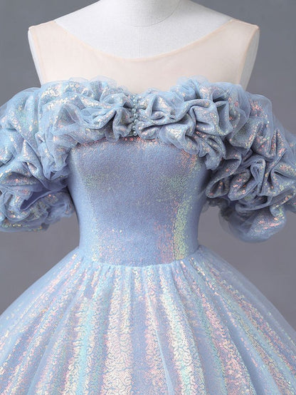 Glitter Ball Gown Off The Shoulder Blue Purple Tulle Sequin Long Prom Dress,Evening Dress GG532