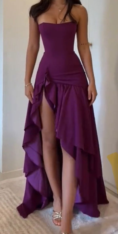 Pretty Mermaid Strapless Ruffle Satin Slit Without Sleeves Long Prom Dress,Evening Dress GG5321
