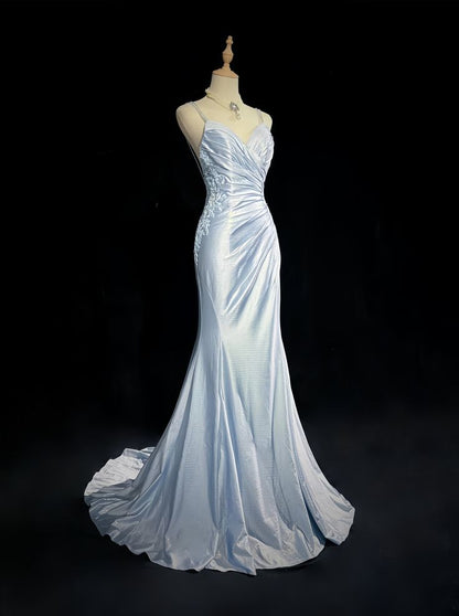 Fashion Style Mermaid Spaghetti Straps Pleated Satin Lace Without Sleeves Long Prom Dress,Evening Dress GG5349