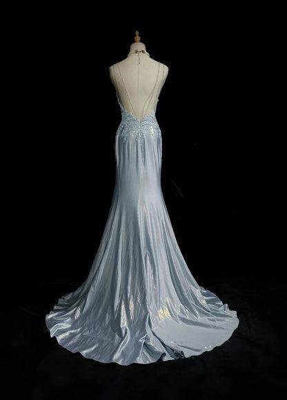 Fashion Style Mermaid Spaghetti Straps Pleated Satin Lace Without Sleeves Long Prom Dress,Evening Dress GG5349