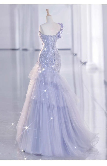 Pretty Lilac Mermaid One Shoulder Tulle Sequin Without Sleeves Long Prom Dress,Evening Dress GG5351