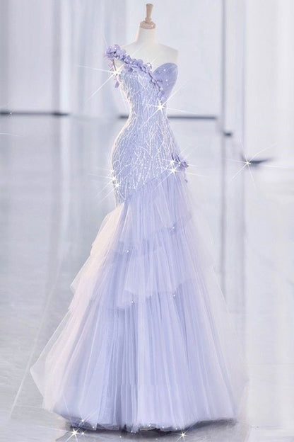 Pretty Lilac Mermaid One Shoulder Tulle Sequin Without Sleeves Long Prom Dress,Evening Dress GG5351