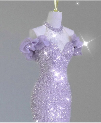 Shiny Lilac Mermaid Halter Sequin Without Sleeves Long Prom Dress,Evening Dress GG5352