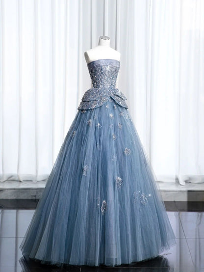Unique A Line Strapless Satin Tulle Sequin Without Sleeves Long Prom Dress,Evening Dress GG5355