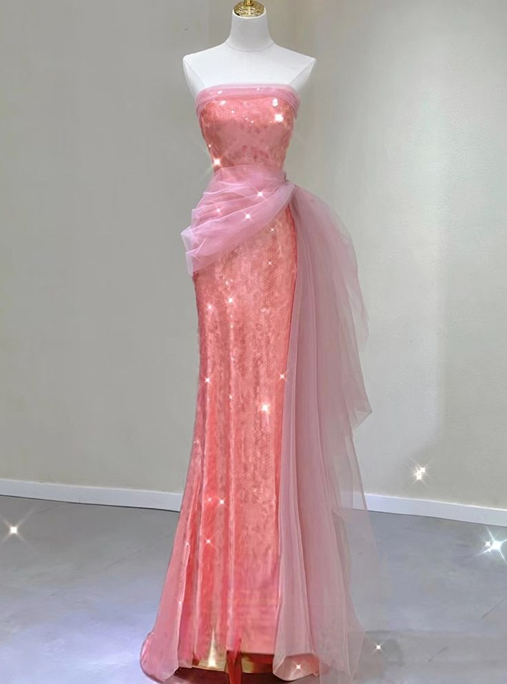 Pretty Mermaid Strapless Peach Tulle Sequin Without Sleeves Long Prom Dress,Evening Dress GG5362