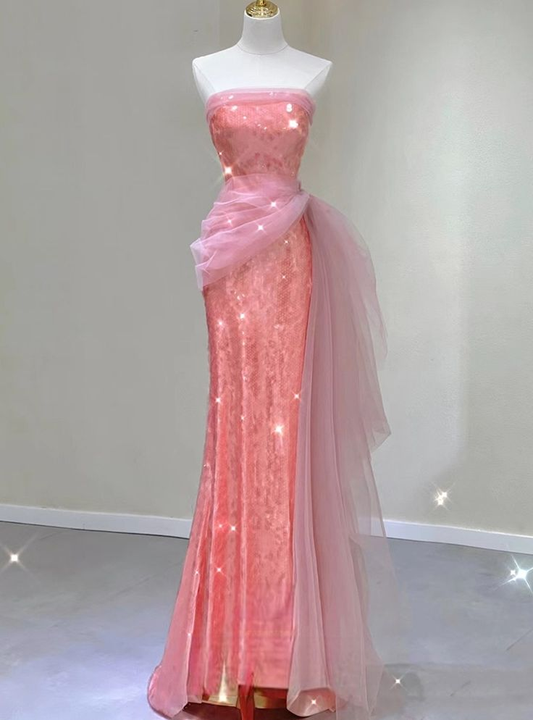 Pretty Mermaid Strapless Peach Tulle Sequin Without Sleeves Long Prom Dress,Evening Dress GG5362
