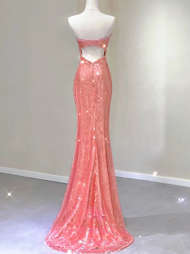 Pretty Mermaid Strapless Peach Tulle Sequin Without Sleeves Long Prom Dress,Evening Dress GG5362