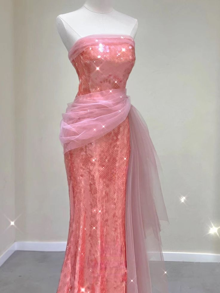Pretty Mermaid Strapless Peach Tulle Sequin Without Sleeves Long Prom Dress,Evening Dress GG5362