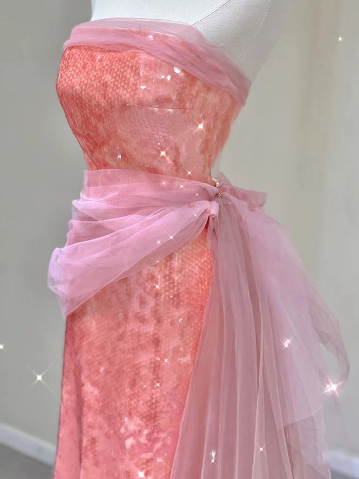 Pretty Mermaid Strapless Peach Tulle Sequin Without Sleeves Long Prom Dress,Evening Dress GG5362