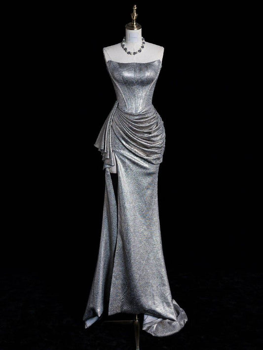 Chic Mermaid Strapless Silver Pleated Satin Slit Without Sleeves Long Prom Dress,Evening Dress GG5391