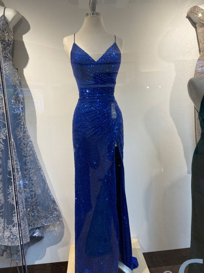 Sparkly Mermaid Spaghetti Straps Royal Blue Sequin Slit Without Sleeves Long Prom Dress,Evening Dress GG5403
