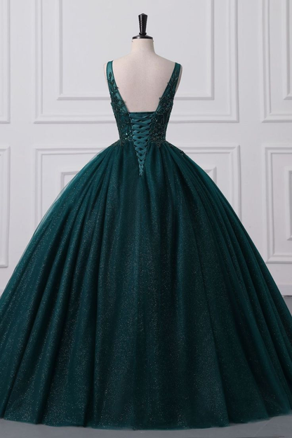 Ball Gown V Neck Tulle Sequin Lace Without Sleeves Long Prom Dress,Evening Dress GG5407