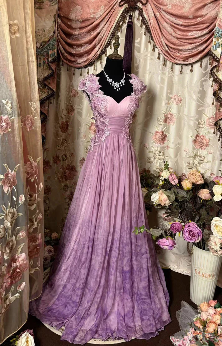 Unique A Line Sweetheart Chiffon Applique Without Sleeves Long Prom Dress,Evening Dress GG5435