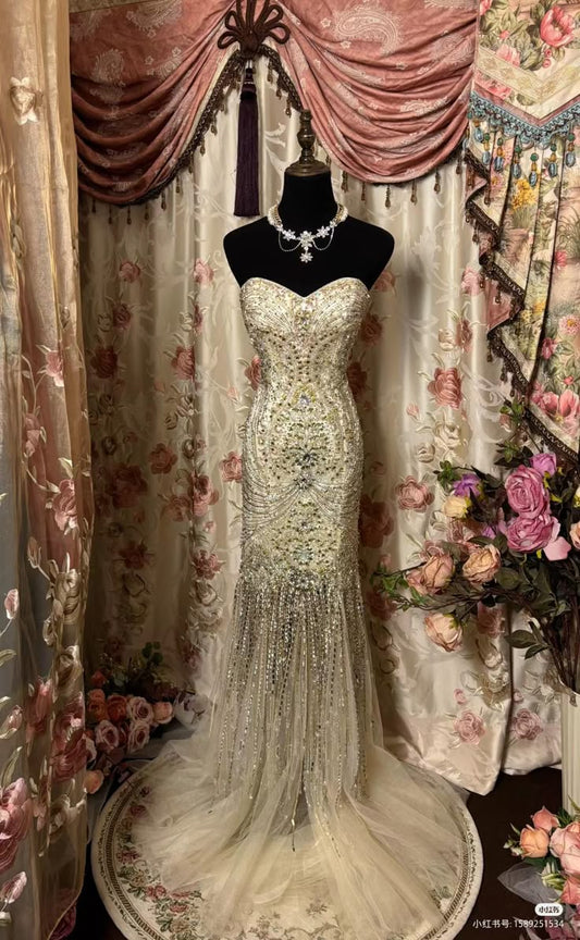 Gorgeous Mermaid Sweetheart Tulle Sequin Beaded Without Sleeves Long Prom Dress,Evening Dress GG5443