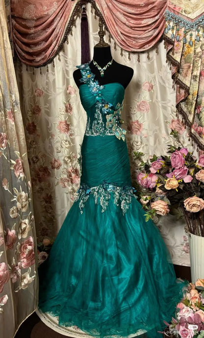 Chic Mermaid One Shoulder Chiffon Applique Without Sleeves Long Prom Dress,Evening Dress GG5445