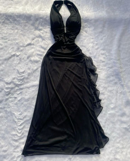 Sexy Black A Line Halter Chiffon Without Sleeves Long Prom Dress,Evening Dress GG5454