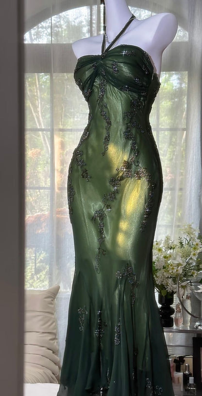 Chic Mermaid Halter Chiffon Beaded Without Sleeves Long Prom Dress,Evening Dress GG5455