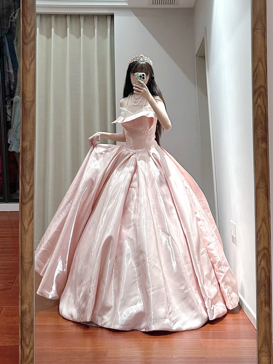 Pretty Pink Ball Gown Strapless Satin Sequin Without Sleeves Long Prom Dress,Evening Dress GG5482