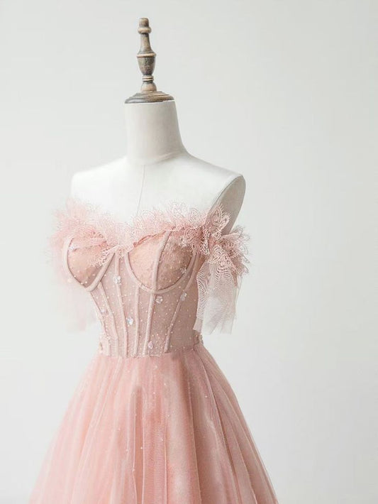 Graceful A Line Off The Shoulder Sweetheart Peach Lace Beaded Tulle Long Prom Dress,Evening Dress GG558