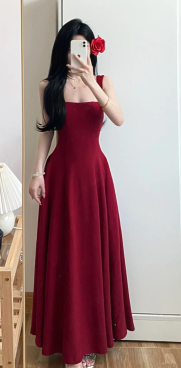 Burgundy A Line Square Satin Without Sleeves Long Prom Dress,Evening Dress GG5587