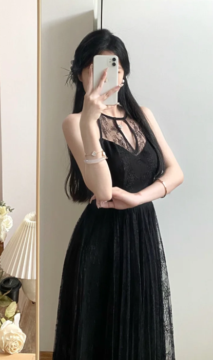 Charming Black A Line Halter Lace Without Sleeves Long Prom Dress,Evening Dress GG5588