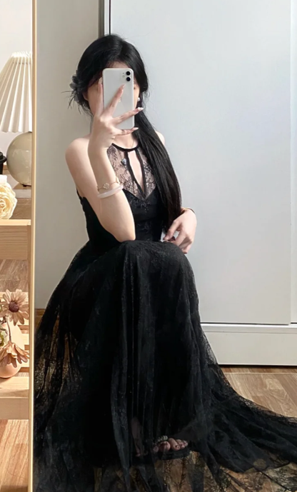 Charming Black A Line Halter Lace Without Sleeves Long Prom Dress,Evening Dress GG5588