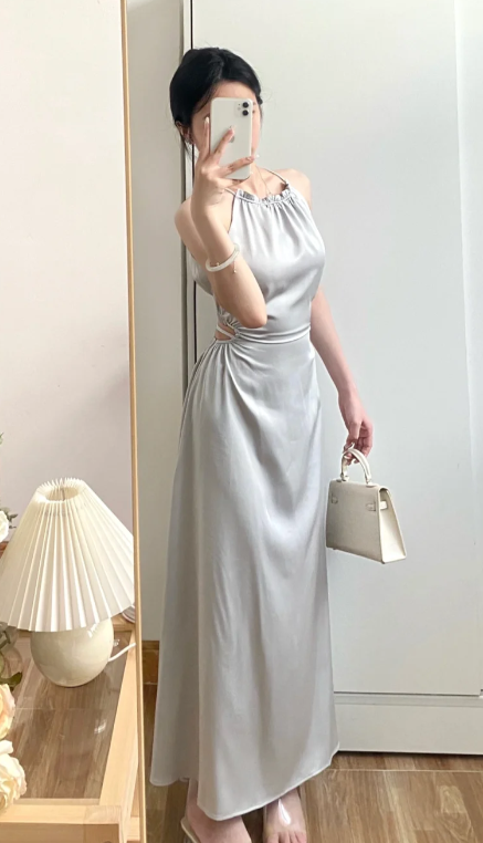Silver A Line Halter Satin Without Sleeves Long Prom Dress,Evening Dress GG5593