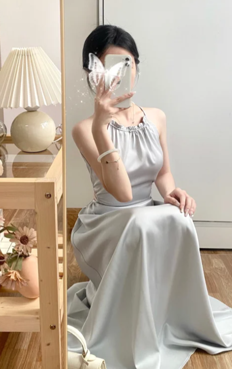 Silver A Line Halter Satin Without Sleeves Long Prom Dress,Evening Dress GG5593