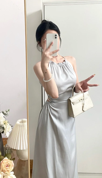 Silver A Line Halter Satin Without Sleeves Long Prom Dress,Evening Dress GG5593