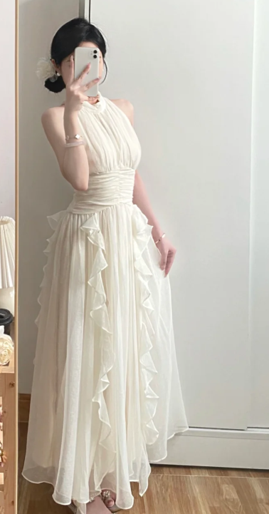 Pretty A Line Halter Ruffle Chiffon Without Sleeves Long Prom Dress,Evening Dress GG5595