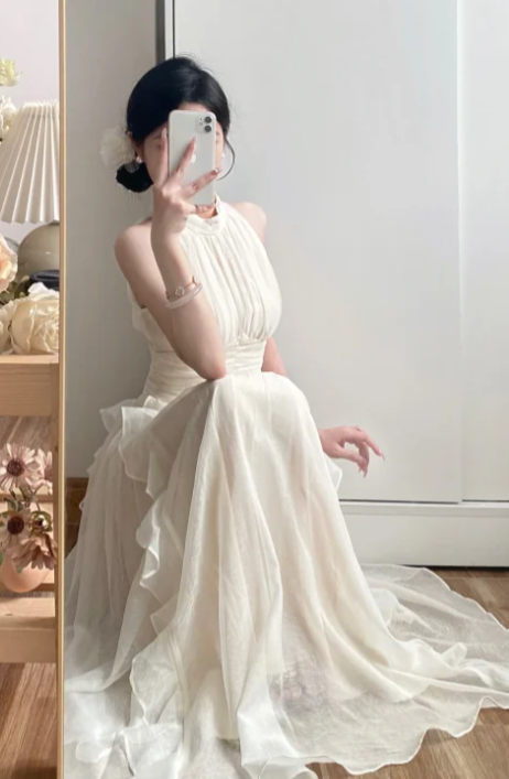 Pretty A Line Halter Ruffle Chiffon Without Sleeves Long Prom Dress,Evening Dress GG5595