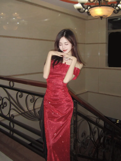 Shiny Mermaid Off The Shoulder Red Satin Sequin Without Sleeves Long Prom Dress,Evening Dress GG5596