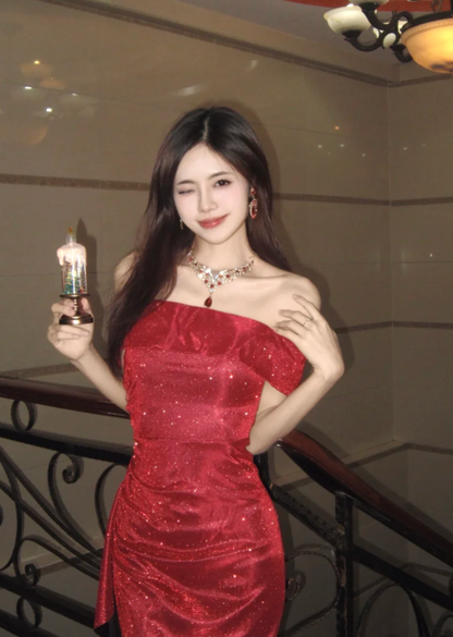 Shiny Mermaid Off The Shoulder Red Satin Sequin Without Sleeves Long Prom Dress,Evening Dress GG5596
