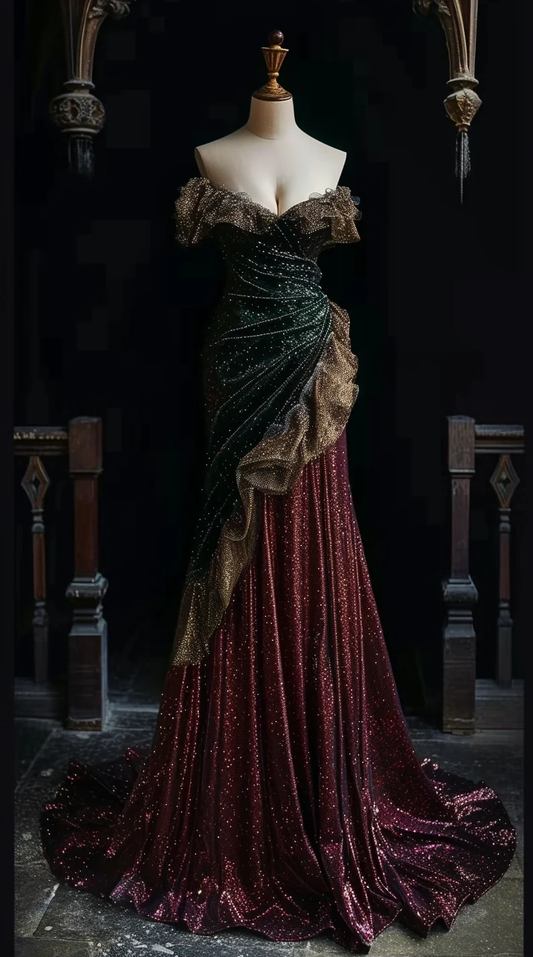 Sparkly Mermaid Off The Shoulder Satin Sequin Beaded Without Sleeves Long Prom Dress,Evening Dress GG5601