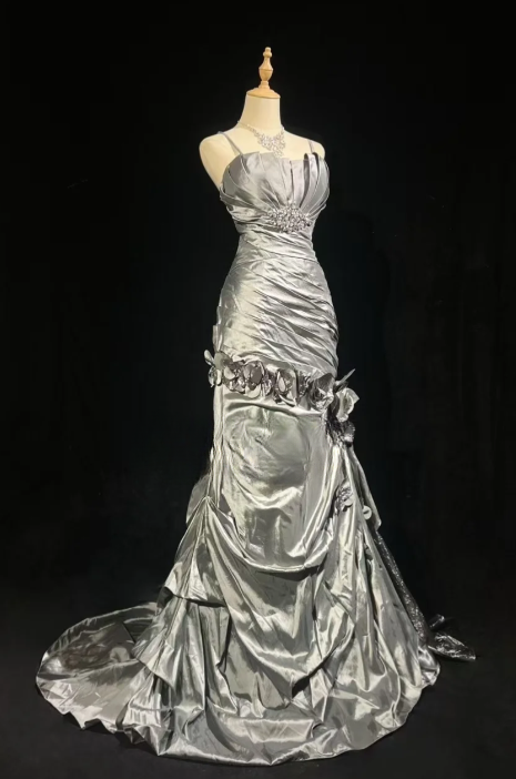 Silver Mermaid Spaghetti Straps Satin Without Sleeves Long Prom Dress,Evening Dress GG5602