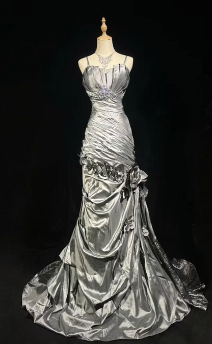 Silver Mermaid Spaghetti Straps Satin Without Sleeves Long Prom Dress,Evening Dress GG5602