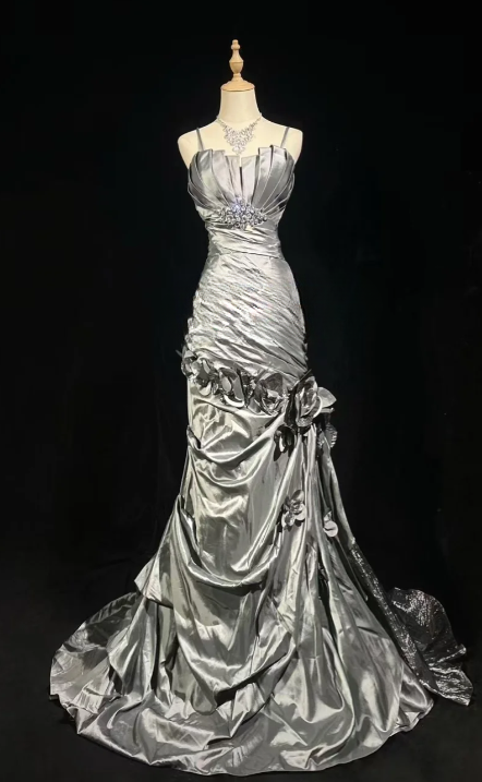 Silver Mermaid Spaghetti Straps Satin Without Sleeves Long Prom Dress,Evening Dress GG5602