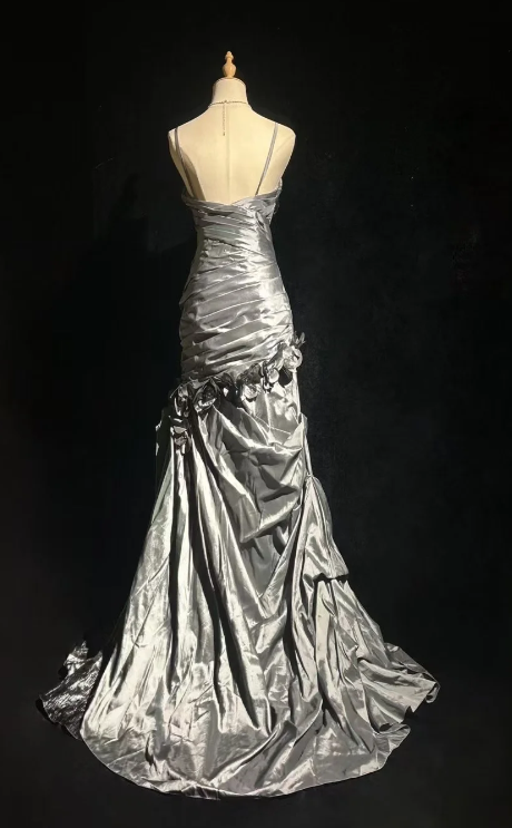 Silver Mermaid Spaghetti Straps Satin Without Sleeves Long Prom Dress,Evening Dress GG5602