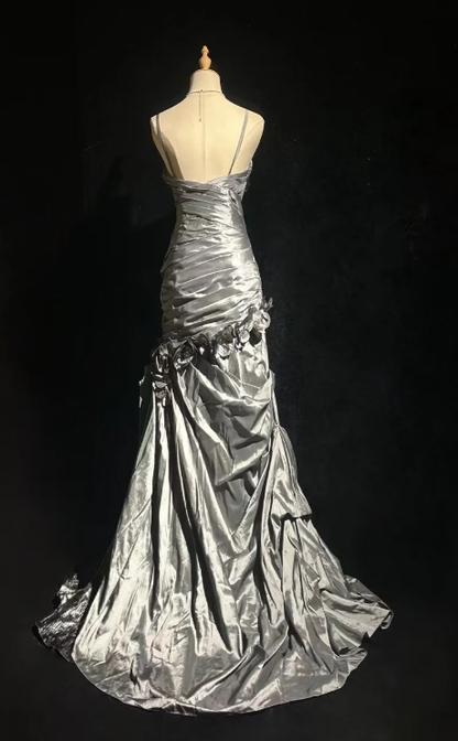 Silver Mermaid Spaghetti Straps Satin Without Sleeves Long Prom Dress,Evening Dress GG5602