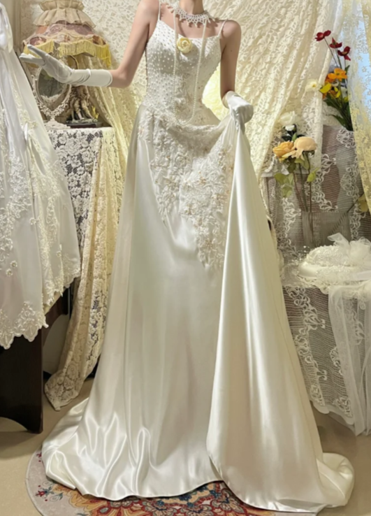 Dreamy A Line Spaghetti Straps Satin With Gloves Long Prom Dress,Wedding Dress,Formal Evening Dress GG5604