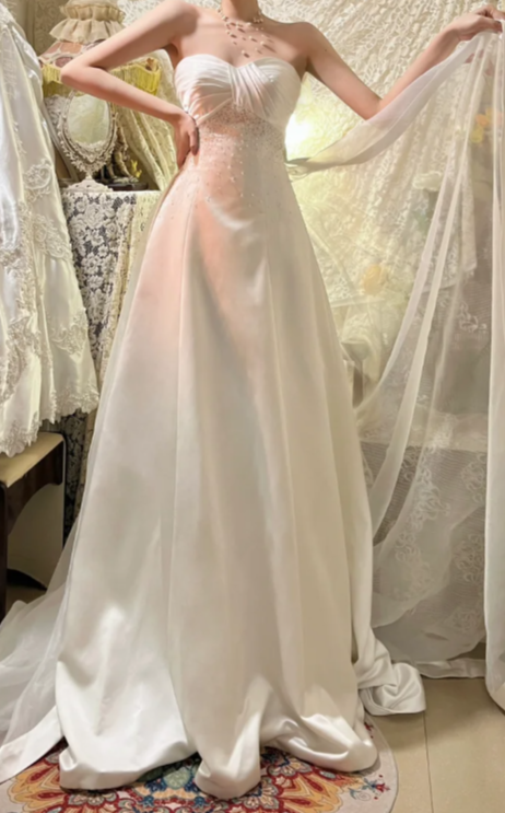 Pretty A Line Strapless Satin Long Wedding Dress,Formal Evening Dress GG5605