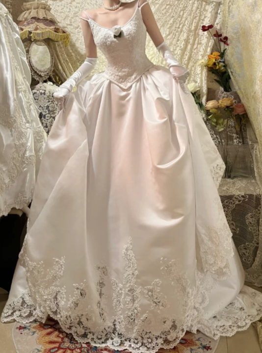 Timeless Ball Gown Spaghetti Straps Satin Lace With Gloves Long Wedding Dress,Formal Evening Dress GG5606