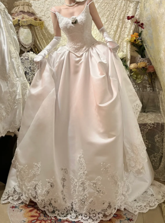 Timeless Ball Gown Spaghetti Straps Satin Lace With Gloves Long Wedding Dress,Formal Evening Dress GG5606