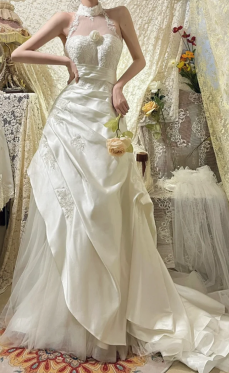 Pretty Ball Gown Halter Satin Tulle Lace Long Wedding Dress,Formal Evening Dress GG5607