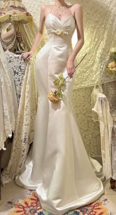 Elegant Mermaid Halter Satin Long Wedding Dress,Formal Evening Dress GG5608