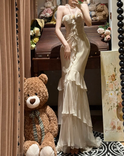 Chic Mermaid Strapless Chiffon Ruffle Without Sleeves Long Prom Dress,Evening Dress GG5609