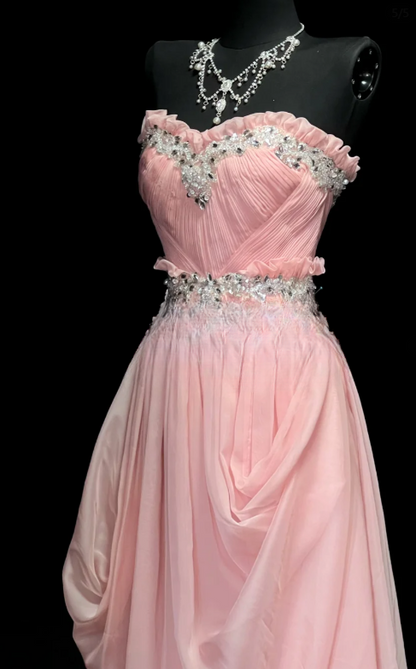 Pretty A Line Pink Strapless Chiffon Sequin Without Sleeves Long Prom Dress,Evening Dress GG5612