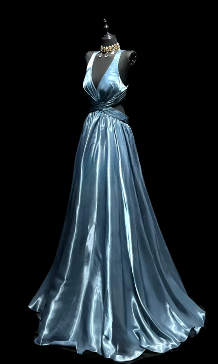 Sexy V Neck A Line Backless Satin Without Sleeves Long Prom Dress,Evening Dress GG5613