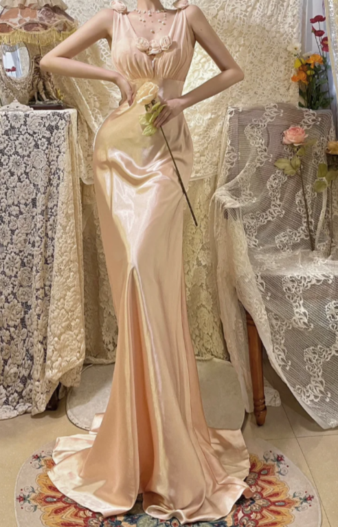 Pretty Mermaid V Neck Satin Chiffon Without Sleeves Long Prom Dress,Evening Dress GG5619