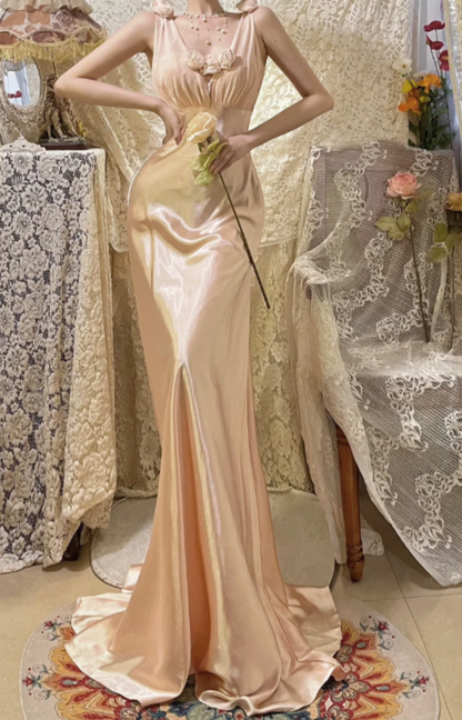 Pretty Mermaid V Neck Satin Chiffon Without Sleeves Long Prom Dress,Evening Dress GG5619